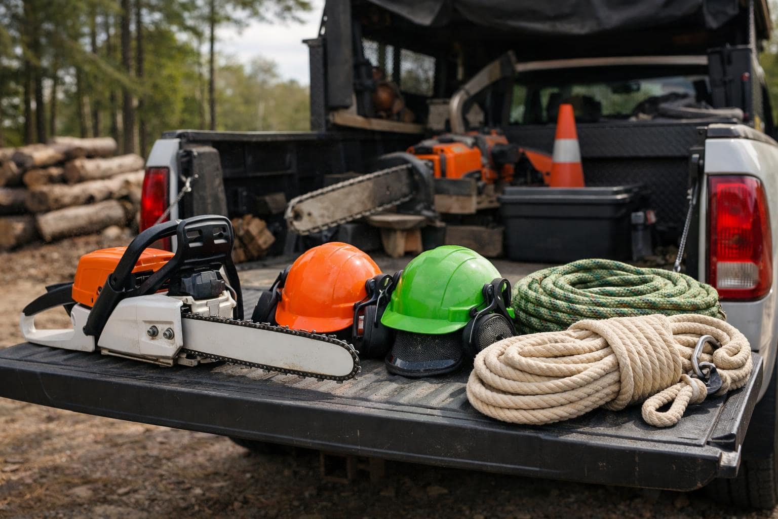 Tree service safety equipment staged on a truck tailgate before a job in Staten Island