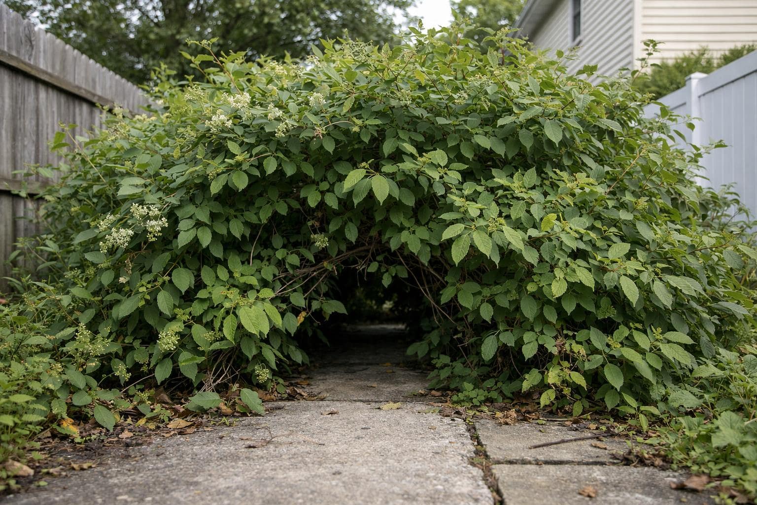 Overgrown shrub crowding a backyard walkway in Staten Island before removal