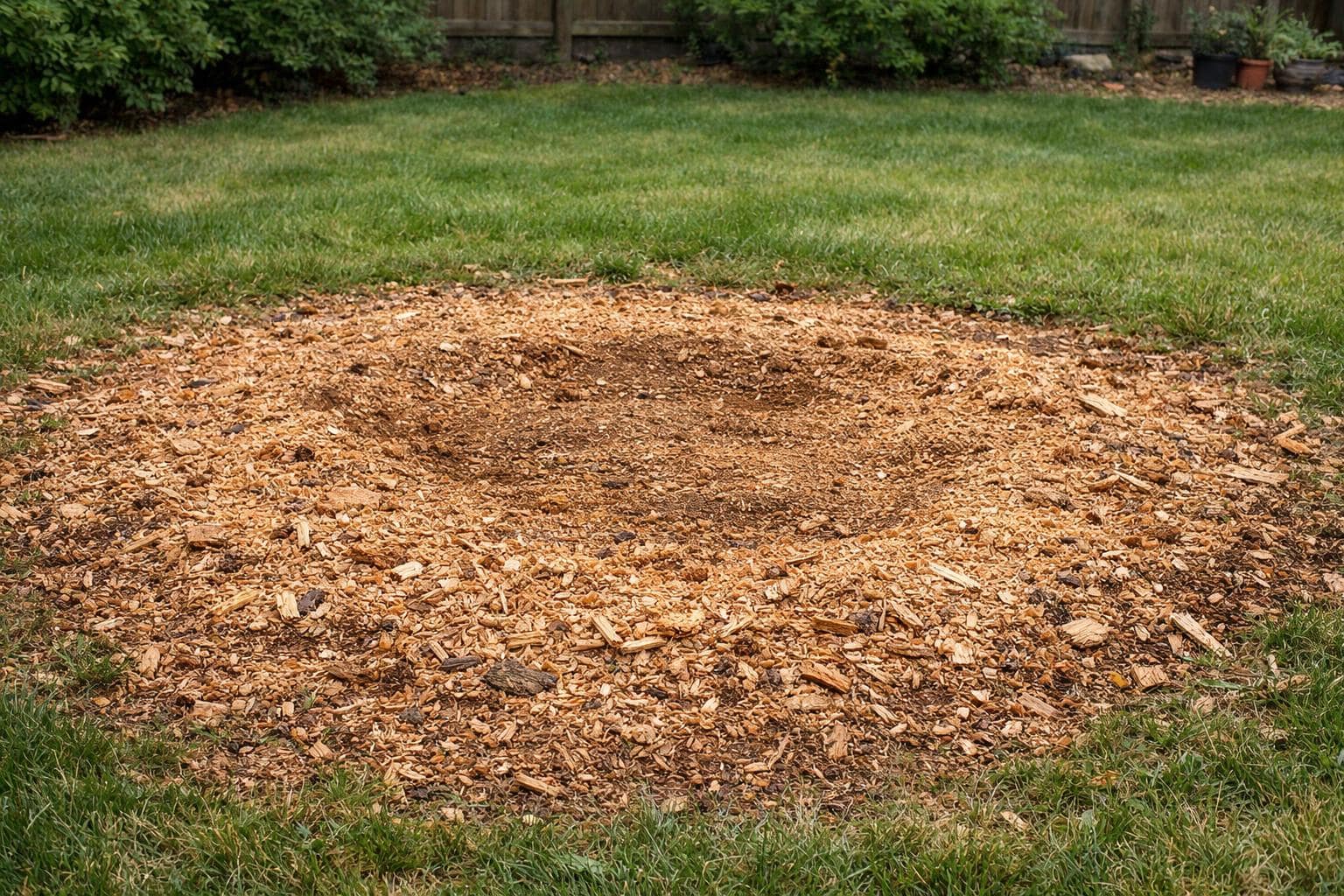 Ground-down tree stump with wood chips in a Staten Island backyard
