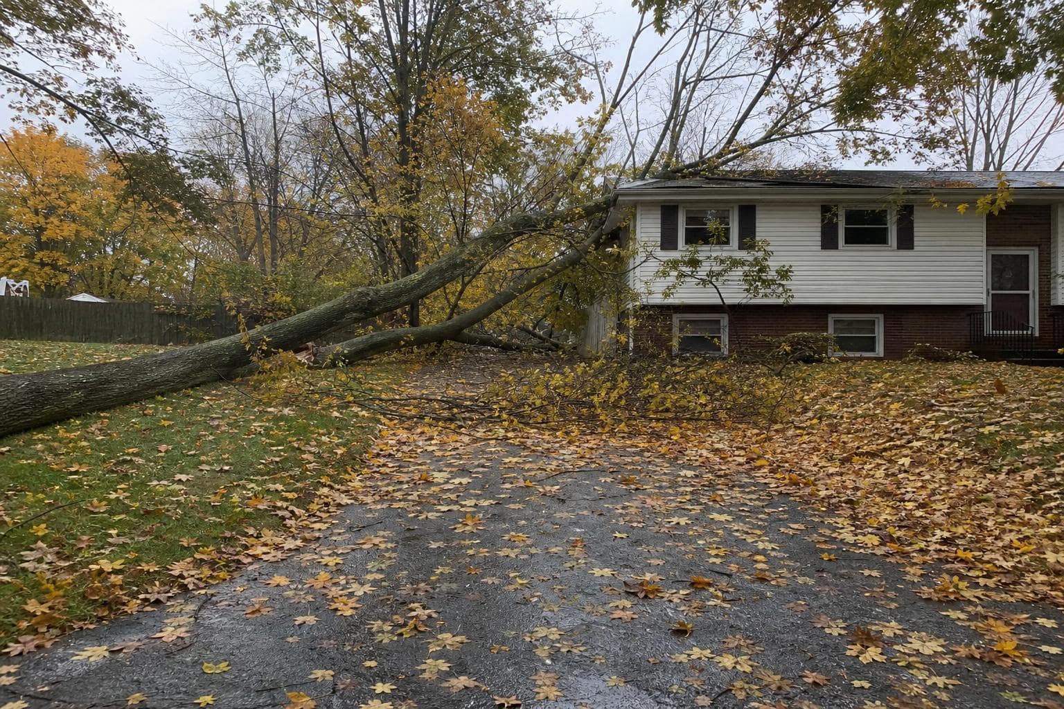 Fallen Tree Across Driveway Staten Island Autumn A fallen tree across a driveway in autumn on Staten Island. Suburban yard, seasonal leaves and broken branches on the ground, overcast sky. No people or vehicles.
