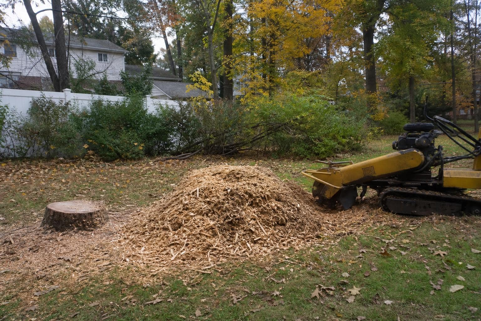 Stump grinding in a Staten Island backyard after tree removal Staten Island backyard with stump grinding equipment, fresh stump, and woodchips in autumn sunlight.