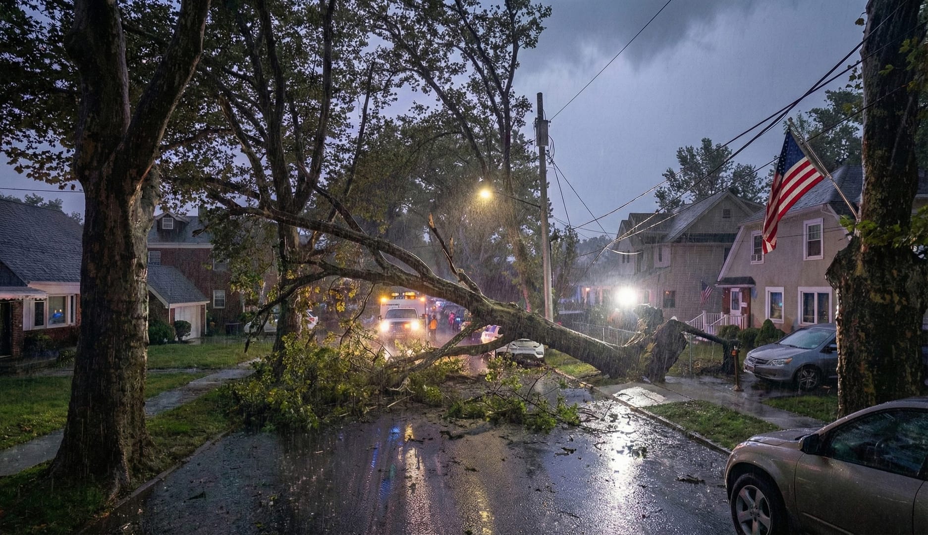 Fallen tree blocking a residential street during a storm in Staten Island, New York