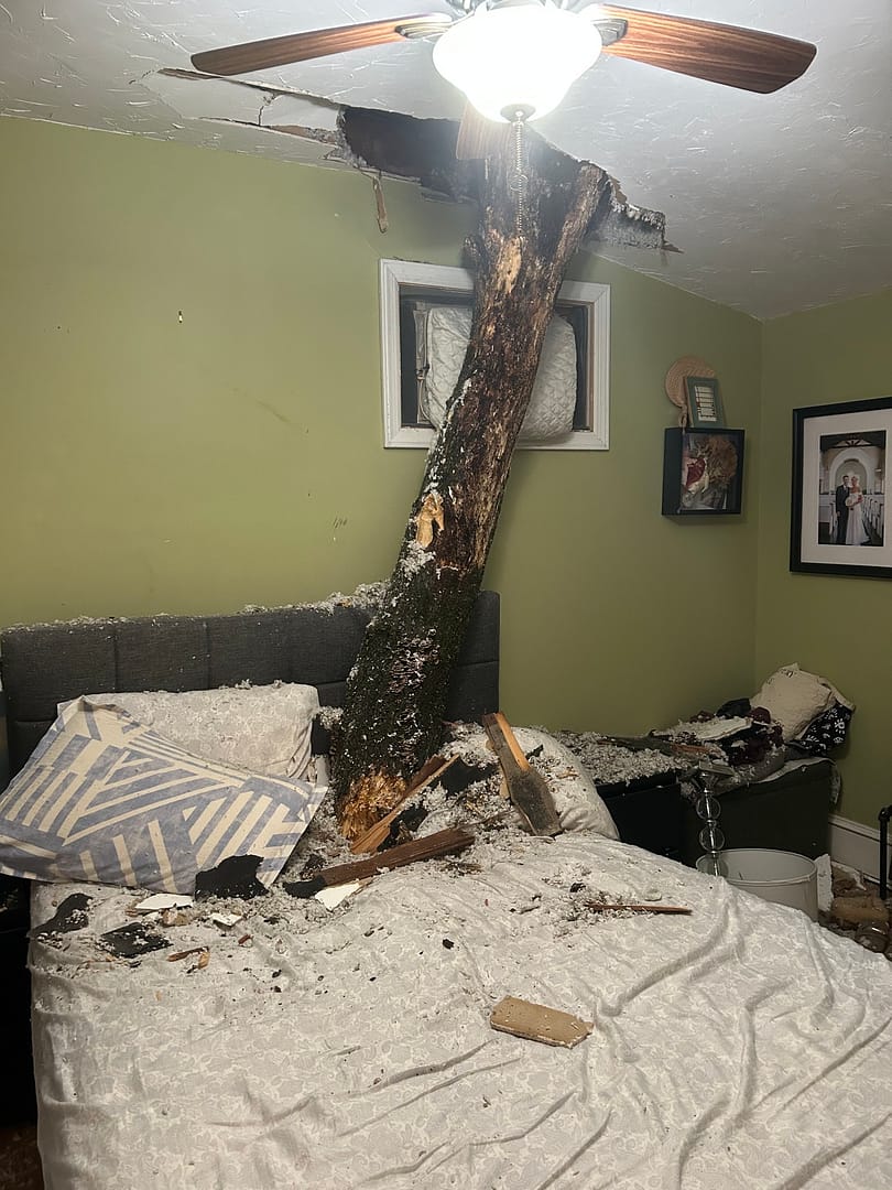 Fallen tree trunk piercing bedroom ceiling and landing on bed in Staten Island home