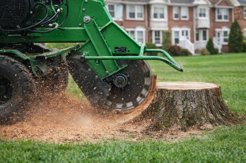 Staten Island Stump Grinding – Green Stump Grinder Green stump grinder removing a large tree stump on a grassy Staten Island yard